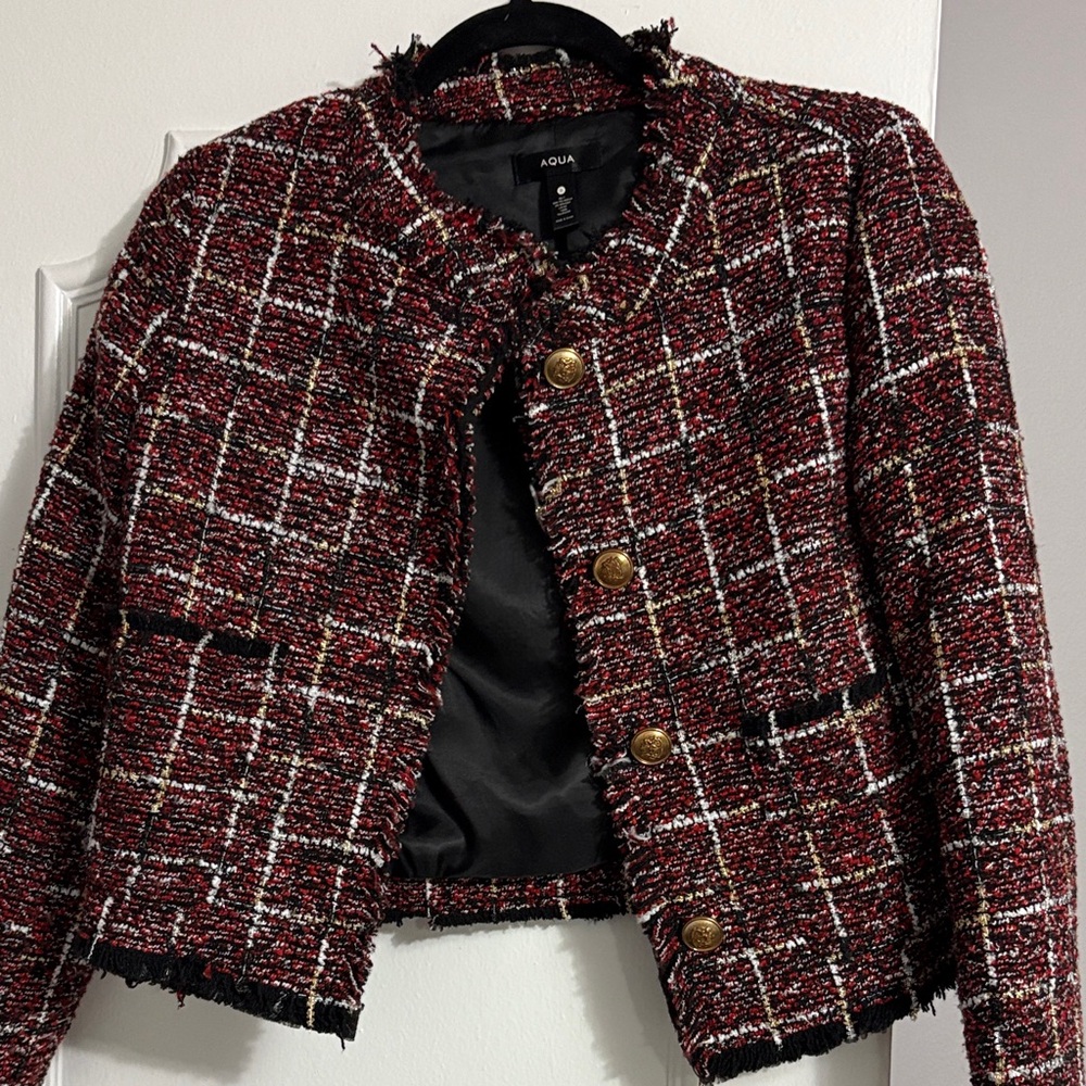 AQUA Women's Plaid Tweed Blazer cropped